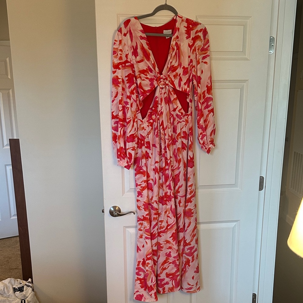 Elegant Bright Red and Pink Long Sleeve Dress